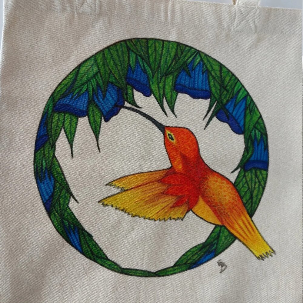 Hand-Painted Hummingbird Tote Bag : Floral Garden Reusable Canvas Bag  NWT - Picture 9 of 15